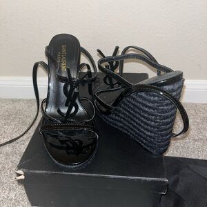 Saint Laurent Black Wedge Sandals with Rope Detail